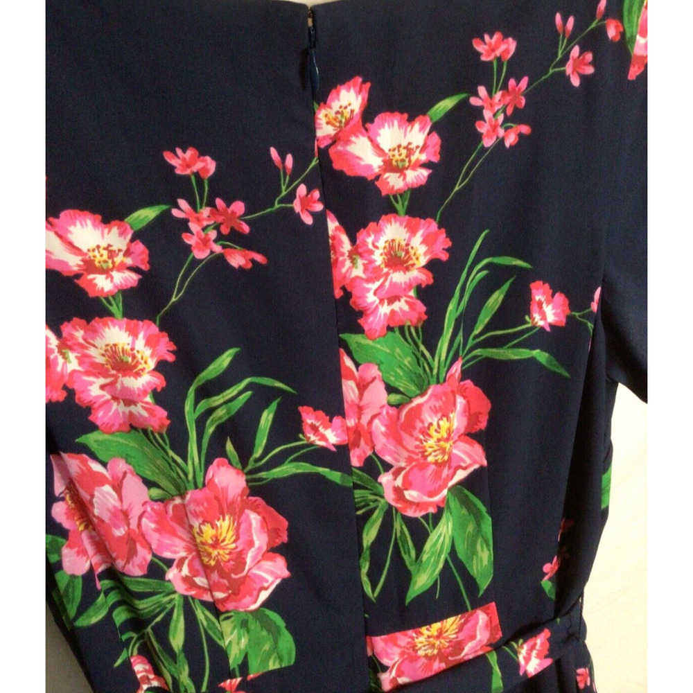 New TALBOTS Size 4 Dress Navy Blue Floral Print Tie Waist A Line V Neck Buttons - Picture 5 of 5